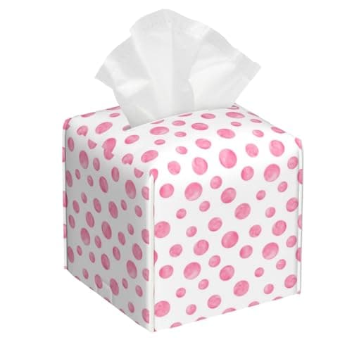 Pink Polka Dots Tissue Box Holder,Cube Tissue Box Cover Holder,Leather Facial Paper Organizer Dispenser Home for Bedroom Night Stands,Kitchen,Office and Car,5.2"×5.2"×5.2"