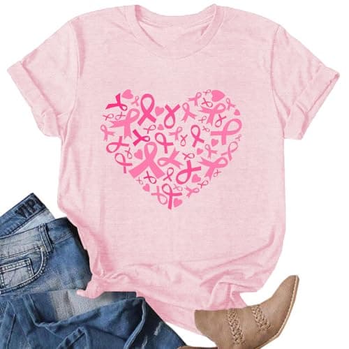 Womens Breast Cancer Shirts Heart Ribbon Tshirt Cancer Awareness Tee Tops