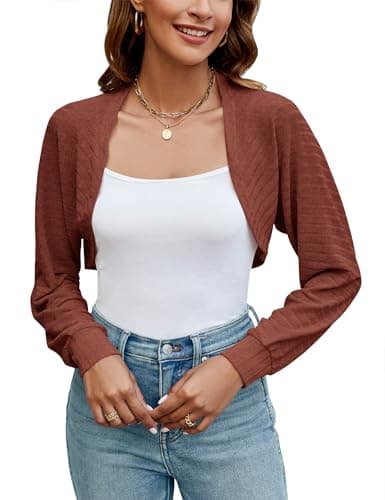 Ivicoer Women's Cropped Cardigan Open Front Knit Bolero Shrug Cute Summer Long Sleeve Y2K Top(Wine Red,Large)
