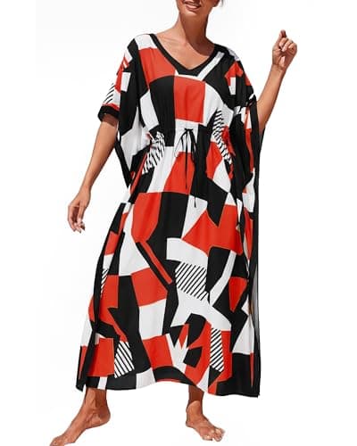 Bsubseach Kaftan Dresses for Women Plus Size Swimsuit Coverup Batwing Sleeves Beach Cover Up with Drawstring Beach Dresses Orange