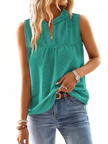 Falechay V Neck Womens Shirts Crochet Boho Western Tops for Women Trendy Flowy Sleeveless Bohemian Blouses Swiss Dot Shirt Cute Teacher Top Lace Tunic Edges Turquoise Blouse XS