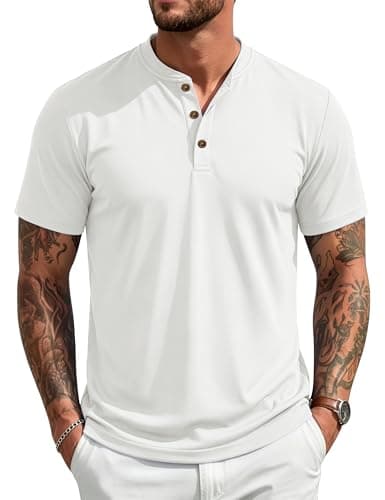 MAGCOMSEN Men's Henley Short Sleeve Shirt UPF 80+ Moisture Wicking Polyester Shirts Button T-Shirts Casual Basic Tees White
