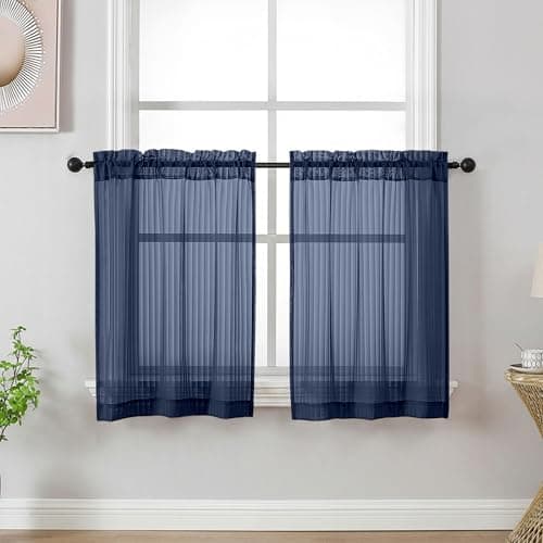 OWENIE Navy Blue Striped Kitchen Curtains - Short Semi Sheer Cafe Curtains Tier 36 Inch Length 2 Panels Set, Light Filtering Textured Modern Drapes for Bathroom Bedroom Small Window, 2PCS 30" Wx36 L