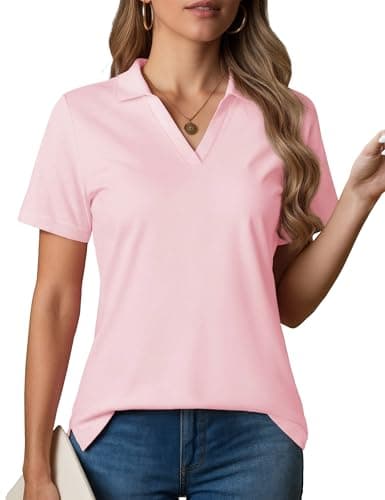 MAGCOMSEN Women's Polo Shirts V-Neck Short Sleeve UPF 50+ Sun Protection Collared Golf Shirt Work Summer Tops Pink M