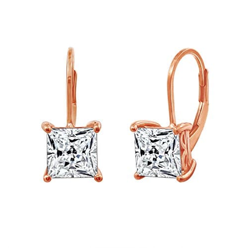 Amazon Essentials Rose 18K Gold Plated Sterling Silver Princess Cut Leverback Drop Earrings made with Infinite Elements Cubic Zirconia, White/Rose 18K Gold, (5 cttw)
