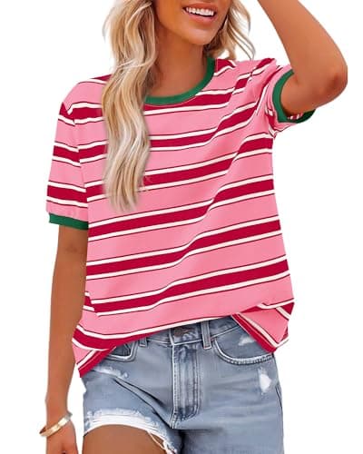 BTFBM Summer Tops for Women 2026 Crewneck Short Sleeve Striped T Shirts Casual Spring Clothes Color Block Basic Tee Blouses(Pink Rose Red, Medium)