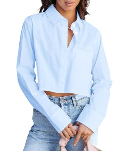 BONITEE Women Blue Cropped Long Sleeve Button Up Shirts Fall Cute Button Down Crop Blouses 2026 Spring Casual Lapel Tops with Pocket