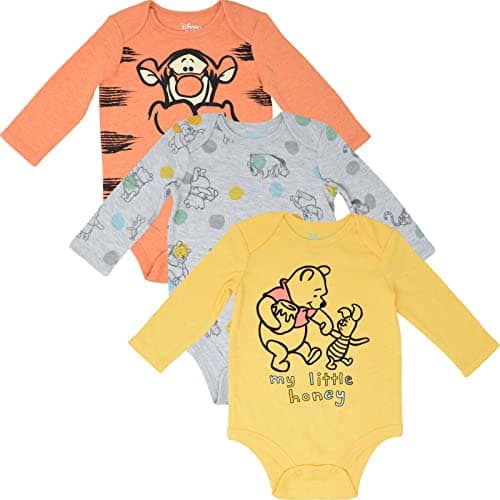 Disney Winnie the Pooh Tigger Eeyore Newborn Baby Boys 3 Pack Long Sleeve Bodysuits Yellow/Orange/Gray 3-6 Months