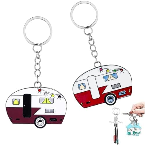 TrustBlai Double-Sided RV Camper Keychain, 2 Pack Retro Travel Trailer Metal Key Ring for Women Men, Durable Camping Gear Accessories for Backpack Purse, Cute Couples Gift Set