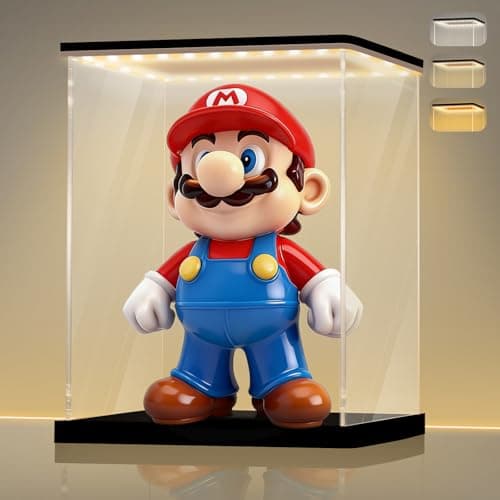 LANSCOERY Acrylic Display Case with Light, 7.1x5.5x7.9 in LED Display Case with 15mm Raised Base, 3mm Clear Panels, 3-Color Dimmable Lighting for Collectibles and Action Figures