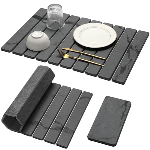 Large Stone Dish Drying Mat for Kitchen Counter, 2PCS Quick Dry Stone Dishes Mat,Foldable Water Absorbing Diatomaceous Drying Organizer Pad for Plates Rack Bottles Utensils(Dark Gray 24"×16" & 8"x4")
