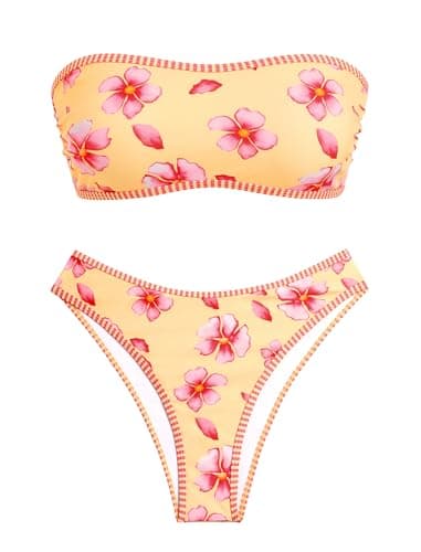 ZAFUL Women's High Cut Bandeau Bikini Set Strapless Solid Color 2 Pieces Bathing Suit Swimsuit 1-Yellow M