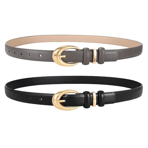 LEACOOLKEY 2 Pack Women Leather Belts for Jeans Dress Fashion Ladies Belt with Gold Silver Buckle
