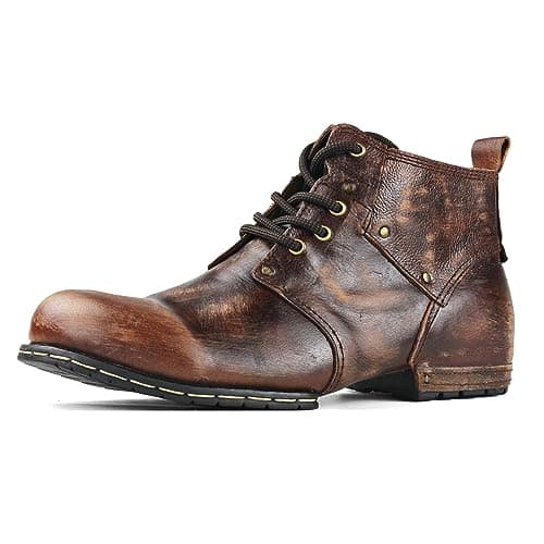 OSSTONE Moto Boots for Men Fashion lace-up Leather Chukka Boots Casual Shoes OS-6015-2-retro-brown-10-R,Retro Brown, Men's Size US10