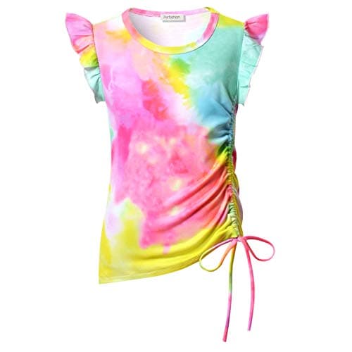Big Girls Tie Dye Tunic Flutter Sleeve Summer Shirt Side Drawstring Blouse Round Neck 10 11