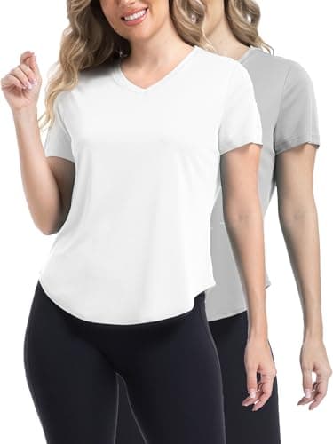 2 Pack Women's Short Sleeve Shirts UPF 50+ Sun Shirt V Neck UV Shirts Workout Tops Moisture Wicking Quick Dry T-Shirts White/Grey