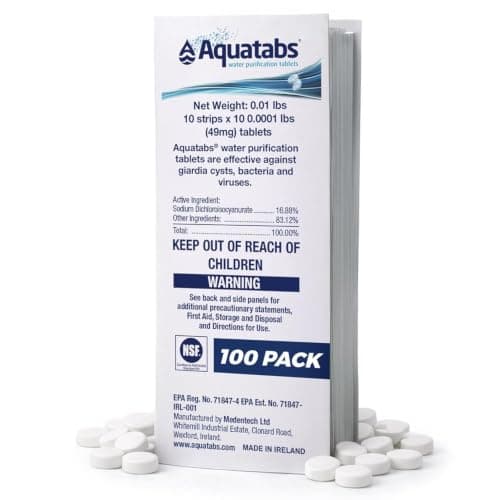 Aquatabs 49mg Water Purification Tablets, 100 Pack, Hiking & Camping