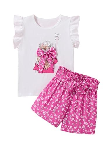 Woleroyir Kids Girls Summer Outfits 2 Piece Casual Ruffle Sleeve Tops and Patterned Shorts Clothing Set for Children Ages 6-7 Years