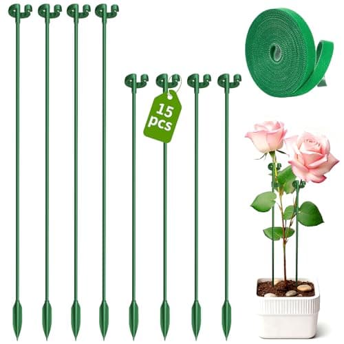 Fiberglass Plant Stakes 15-Pack - 10.8" & 14.6" Plant Support Sticks for Potted Plants, Veggies & Vines | Adjustable Stem Clips | Garden Stake for Tomatoes, Cucumbers, Climbing Flowers
