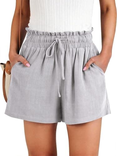 NILOINE Ruffle Waist Drawstring Linen Shorts for Women Summer Casual High Waisted Wide Leg Loose Hem Beach Shorts Comfy Fashion Outfits(1-Apricot,Medium)