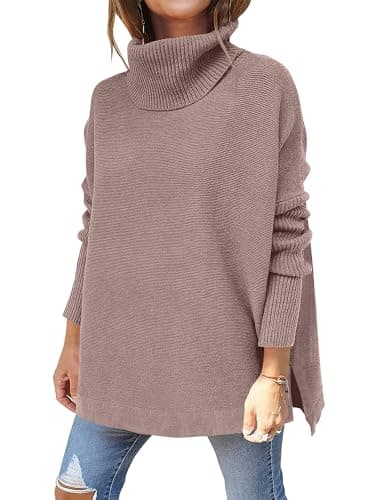 ANRABESS Women's Oversized Turtleneck Batwing Sleeve Spilt Casual Loose Knit Tunic Pullover Sweater Tops 2026 Fall Outfits Brown Small