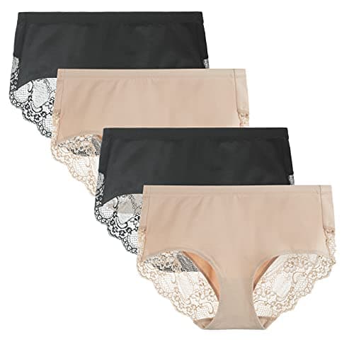 LIQQY Women's 4 Pack Combed Cotton Breathable High Rise Lace Full Coverage Brief Panty Underwear (Small, Black/Nude)