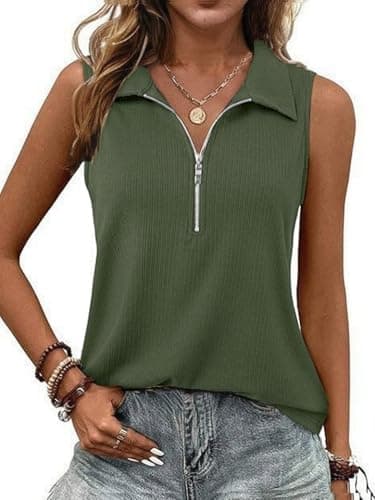 Womens Loose Fit Zipper Tank Tops Flowy Sleevelss Tops V Neck Polo Shirts for Women Collared Tank Tops Army Green-L