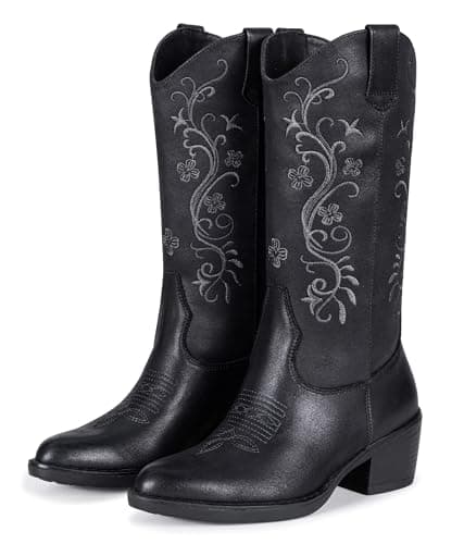 Vepose Women's Black Cowboy Boots Mid Calf, Floral Embroidered Western Cowgirl, Pointed Toe Low Chunky Heel Pull On, Botas Vaqueras, Walk Country Concert Dance Size 9.5, (CJY9802 black 09.5)