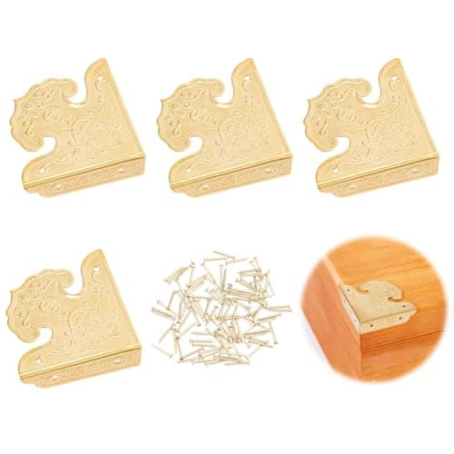 SUPERFINDINGS 4Pcs Brass Box Corner Protectors Furniture Corner Protector Jewelry Box Corners Chest Corners Protector Guard Edge Cover for Picture Frame Wooden Case Cabinet Furniture,Golden