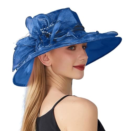 Fascinators Hats for Women Women Organza Kentucky Church Derby Hat Wedding Occasion Floral Wide Brim Fascinator Dressy Sun UV Protection Cap Blue, One Size
