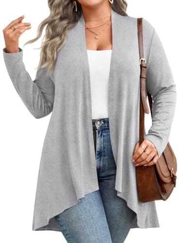 Anymiss Womens Plus Size Lightweight Cardigans 2026 Long Sleeve Jacket Open Front Kimono Light Grey 2XL