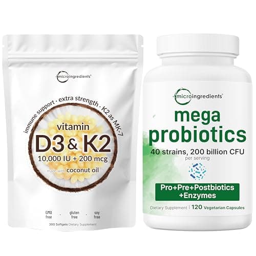 Micro Ingredients Vitamin D3 10,000iu + K2 200mcg Softgels & Mega Probiotics 200 Billion CFU Veggie Capsules | 2 Pack Bundle | D & K Sunshine Vitamins | 40 Strains + Inulin, Acacia, & Bromelain