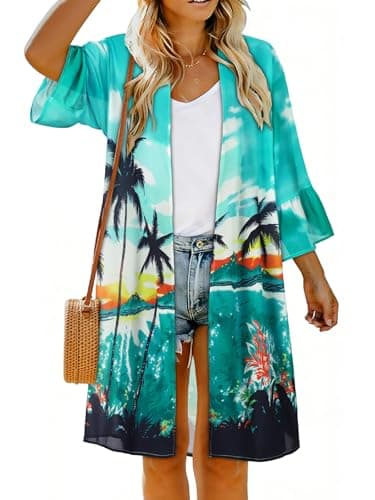Womens Kimono for Summer Puff Sleeve Cardigan Casual Loose Fit Beach Cover Ups Resorts Swimwear 2026 (Green Coconut Tree,M)