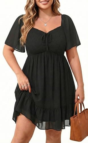 Talisea Plus Size Women Black Summer Dress Short Sleeve Smocked Sweetheart Neckline Cute Graduation Chiffon Mini Dresses