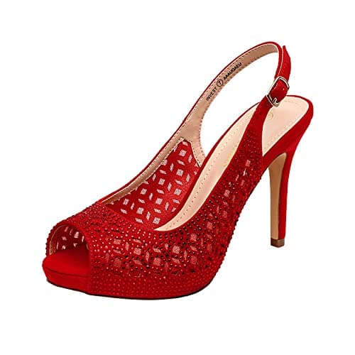 DREAM PAIRS Women's High Heels Platform Dress Rhinestones Peep Toe Pumps Shoes,Size 5.5,Red/Suede,Invest