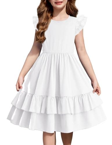 Arshiner Girls Short Sleeve Dresses Elegant White Wedding Guest Swing Flower Communion Dresses for Kids for 5-6 Years