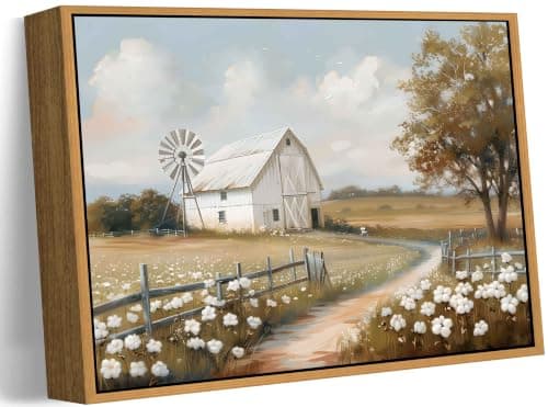Framed Barn Canvas Wall Art Farmhouse Rustic Decor Pictures Farm Windmill Countryside Nature Field Meadow Flower Posters Prints for Home Decoration Bathroom Bedroom Living Room Decoration