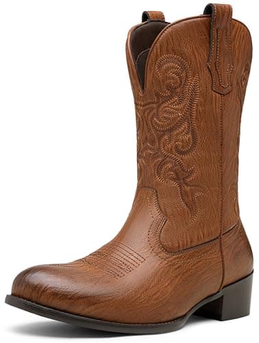 Jousen Cowboy Boots For Men Round Toe Western Slip Resistant Pull on Boot Retro Short Botas (Lightbrown-10)