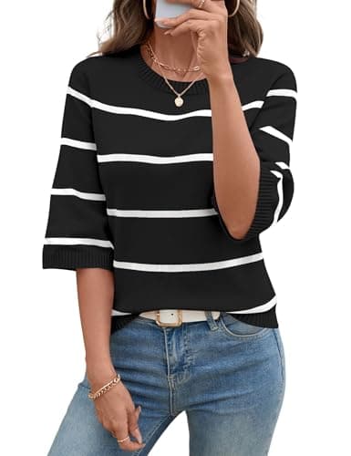 LOMON Womens Sweaters 2025 Casual Crew Neck Bell Sleeve Striped Shirt Lightweight Fall Clothes Trendy Knit Pullover Top, M Black-White Stripes