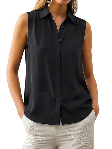 Meetrendi Women's Sleeveless Button Down Shirts Summer Office Work Blouse Loose V Neck Business Casual Tank Tops Black