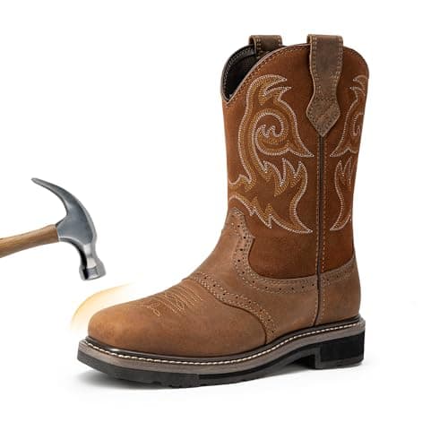 NORTIV 8 Steel Toe Cowboy Boots for Men Western Square Toe Leather Work Boots with Hazard Protection,for Construction Farming Bronco Trailblazer,Size 10,Light Brown