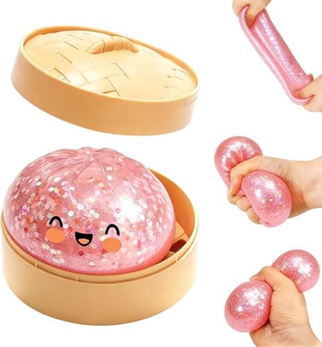 Glitter Dumpling Squishy, Dumpling Squishy Mystery Box, Soft Squeeze Dough Ball for Stress Relief, Easter Basket Stuffers,Stretchy Bun with Mini Food Steamer Desk Fidget Toy for Adults(Glitter Pink)