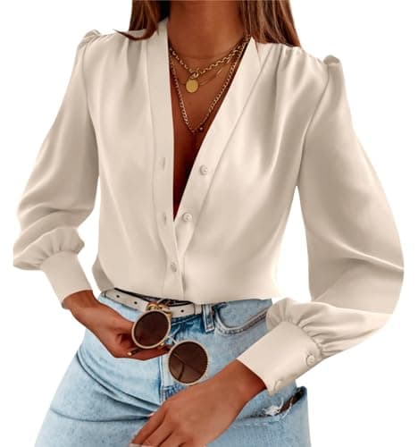Women's Business Casual Tops Summer Long Sleeve Button Down Shirts V Neck Chiffon Blouses A-Beige