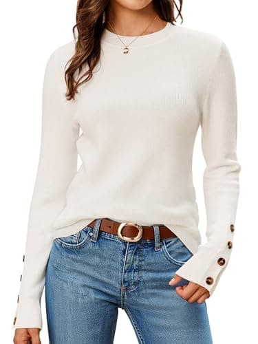 Arach&Cloz Womens Long Sleeve Sweaters 2025 Fall Outfits Trendy Crewneck Cozy Knit Black White Casual Button Halloween Cashmere Chocolate Brown Fashion Tops Winter White L