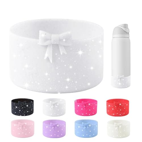 YAYAYOUNG Glitter Bow Silicone Boot for Owala 32oz Water Bottle,Anti-Slip Protective Sleeve Bottom Bumper Protector for FreeSip, Twist, and Flip Stainless Steel Water Bottles Accessories-White