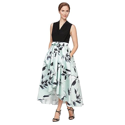 S.L. Fashions Women's Floral High-Low Gown with Pockets and Stretch Bodice, Wedding Guest Dress (Petite and Regular Sizes), Aloe, 10