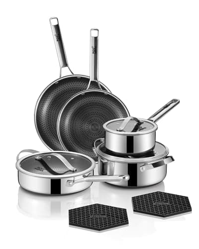 Pots and Pans Set Hybrid Stainless Steel, 10PC Nonstick Tri-Ply Cookware Set w/Frying pan, Dishwasher & Oven Safe, PFOA-Free, Metal Utensil Safe, Suitable for All Cooktops