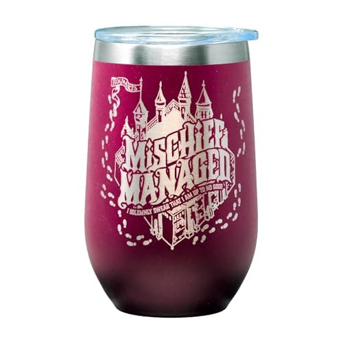 Spoontiques Mischief Managed Etched Stainless Steel Tumbler - Insulated Wine Tumbler with Lid – Double Wall Stainless Steel Stemless Wine Glass – 16oz - 5 5/8" Tall