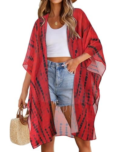 Womens Swimsuit Coverups Summer Loose Cardigans for Swimwear Lightweight Beach Kimono(Red Black Line,S)