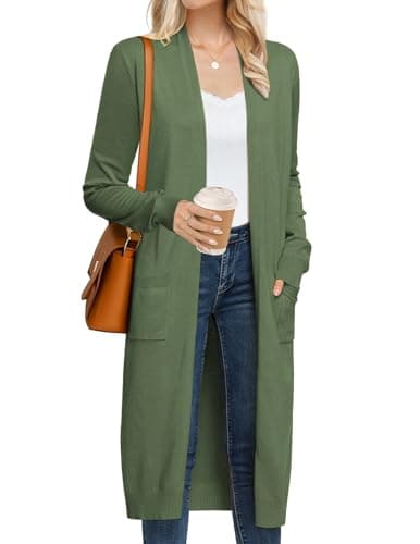 GRACE KARIN Casual Long Cardigan Green Cardigan Sweaters Summer Spring Long Knit Sweater for Women with Pockets Fashion Clothes (Olive Green,M)